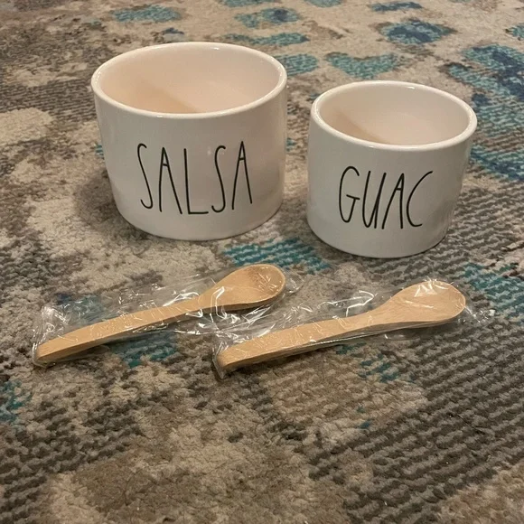 Rae Dunn Salsa and Guac Ceramic Serving Bowl Set with 2 Bamboo Spoons - Picture 4 of 13